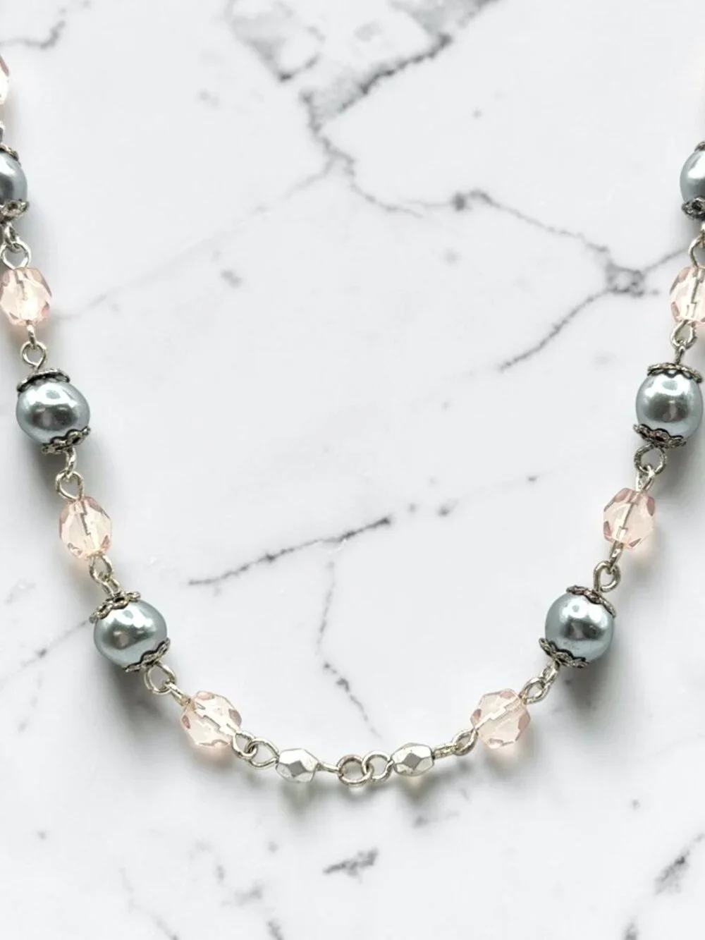 Silver-Tone Faux Pearl and Clear Bead Necklace